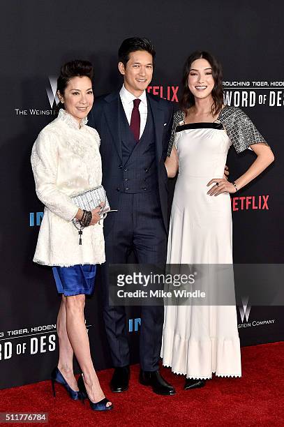 Actors Michelle Yeoh, Harry Shum, Jr. And Natasha Liu Bordizzo attend the premiere of Netflix's "Crouching Tiger, Hidden Dragon: Sword Of Destiny" at...