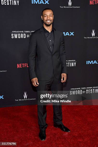 Actor Isaiah Mustafa attends the premiere of Netflix's "Crouching Tiger, Hidden Dragon: Sword Of Destiny" at AMC Universal City Walk on February 22,...