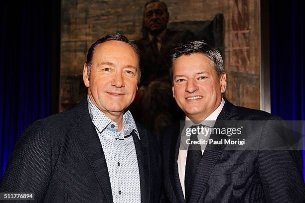 Kevin Spacey and Netflix Chief Content Officer Ted Sarandos attend the portrait unveiling and season 4 premiere of Netflix's "House Of Cards" at the...