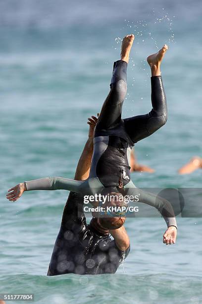 Paleo advocate and celebrity chef, Pete Evans enjoys surfing at Bondi Beach with his daugters Chilli and Indii on February 22, 2016 in Sydney,...