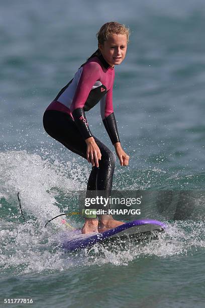 Paleo advocate and celebrity chef, Pete Evans enjoys surfing at Bondi Beach with his daugters Chilli and Indii on February 22, 2016 in Sydney,...