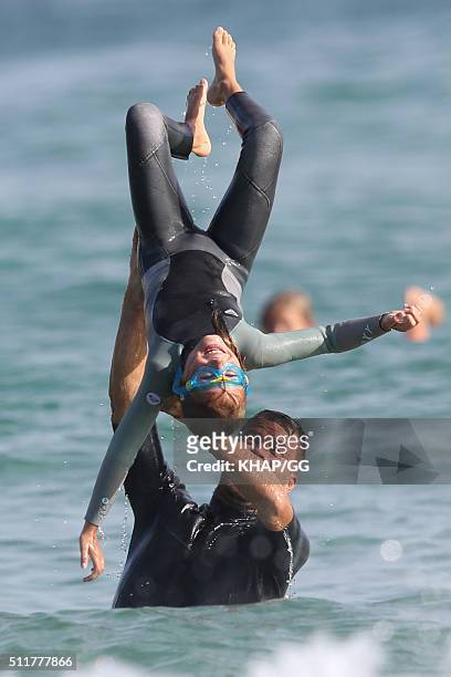 Paleo advocate and celebrity chef, Pete Evans enjoys surfing at Bondi Beach with his daugters Chilli and Indii on February 22, 2016 in Sydney,...