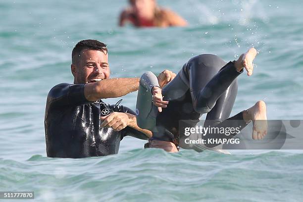 Paleo advocate and celebrity chef, Pete Evans enjoys surfing at Bondi Beach with his daugters Chilli and Indii on February 22, 2016 in Sydney,...