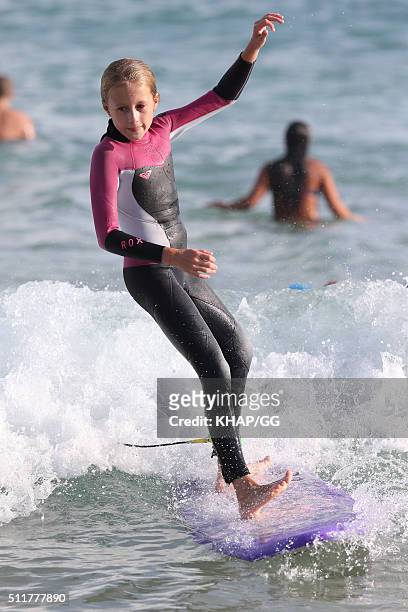 Paleo advocate and celebrity chef, Pete Evans enjoys surfing at Bondi Beach with his daugters Chilli and Indii on February 22, 2016 in Sydney,...