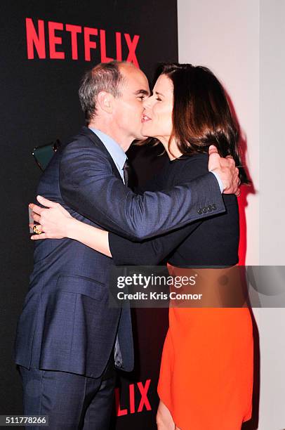 Actors Michael Kelly and Neve Campbell attend the "House Of Cards" Season 4 Premiere at the National Portrait Gallery on February 22, 2016 in...