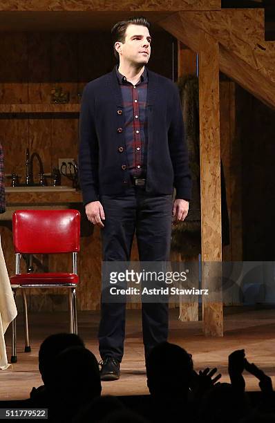Actor Zachary Quinto performs onstage at curtain call of "Smokefall" Opening Night at Lucille Lortel Theatre on February 22, 2016 in New York City.