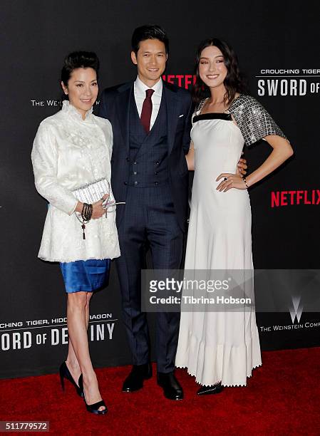 Michelle Yeoh, Harry Shum Jr. And Natasha Liu Bordizzo attend the Premiere of Netflix's 'Crouching Tiger, Hidden Dragon: Sword Of Destiny' at AMC...