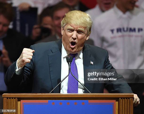 Republican presidential candidate Donald Trump speaks at a rally at the South Point Hotel & Casino on February 22, 2016 in Las Vegas, Nevada. Trump...