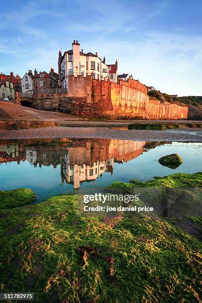 reflection at robin hood's bay, yorkshire, england - fishing village stock pictures, royalty-free photos & images