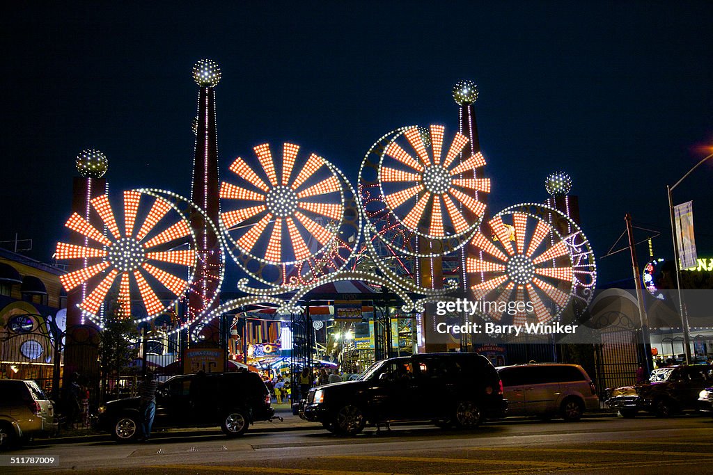 Neon lights of Coney Island amusement park