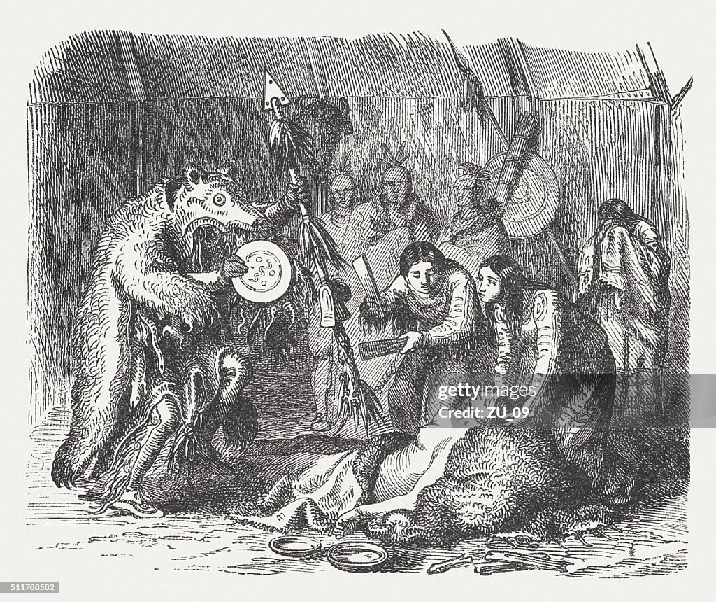 Medicine man of american indians, wood engraving, published in 1880