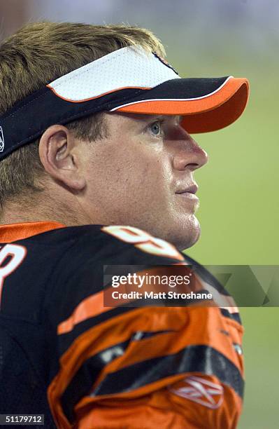 Carson Palmer of the Cincinnati Bengals watches from the sidelines after playing against the Tampa Bay Buccaneers on August 16, 2004 at Raymond James...