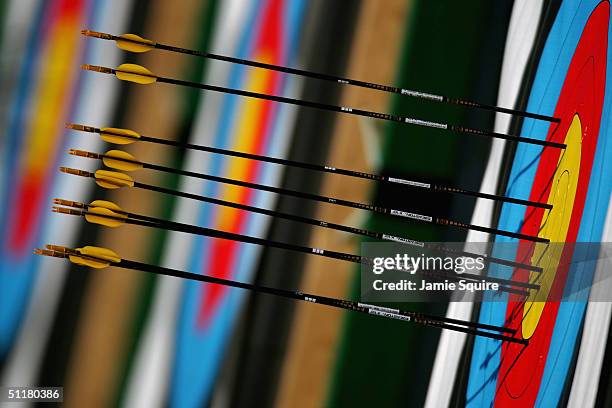 Arrows are seen embedded in a target during practice for the women's individual eliminations match on August 17, 2004 during the Athens 2004 Summer...