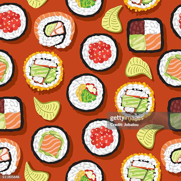 nahtlose musterung suchi - reis grundnahrungsmittel stock-grafiken, -clipart, -cartoons und -symbole