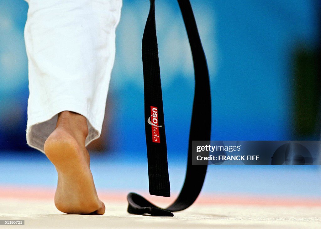 A judoka's black belt is pictured during