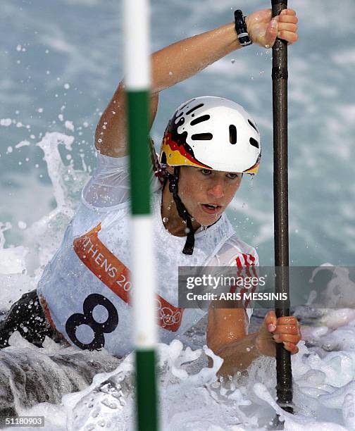 Jennifer Bongardt of Germany competes on the Kayak singles during a preliminary race at the Slalom Canoe / Kayak venue in the Hellinikon Olympic...