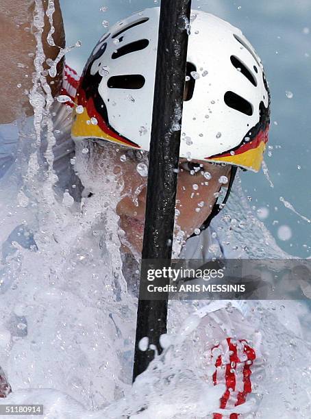Jennifer Bongardt of Germany competes in the Kayak single during an Olympic Games preliminary race at the Slalom Canoe-Kayak venue in the Hellinikon...