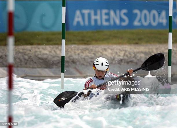 Jennifer Bongardt of Germany competes on the Kayak single during a preliminary race at the Slalom Canoe / Kayak venue in the Hellinikon Olympic...