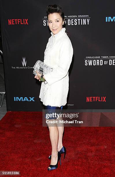 Michelle Yeoh arrives at the premiere of Netflix's "Crouching Tiger, Hidden Dragon: Sword Of Destiny" held at AMC Universal City Walk on February 22,...