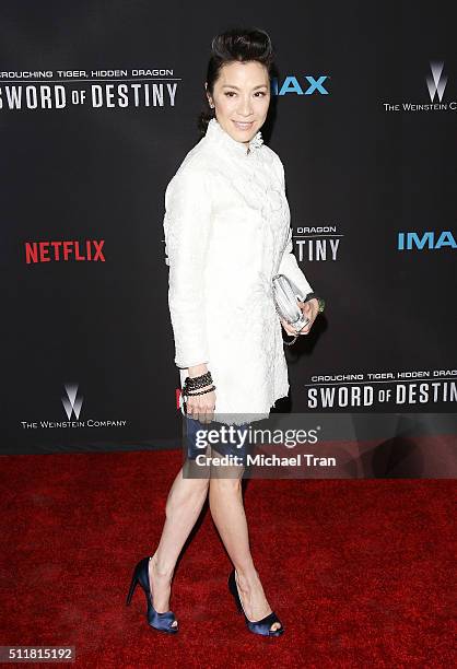 Michelle Yeoh arrives at the premiere of Netflix's "Crouching Tiger, Hidden Dragon: Sword Of Destiny" held at AMC Universal City Walk on February 22,...