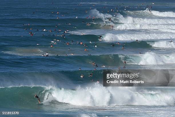 Surfers ride waves at Coolangatta ahead of this month's Gold Coast Quiksilver Pro, on February 23, 2016 on the Gold Coast, Australia.