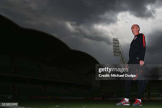 Head coach Sven Goran Eriksson inspects the surface during the Shanghai SIPG training session at AAMI Park on February 23, 2016 in Melbourne,...