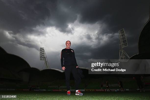 Head coach Sven Goran Eriksson inspects the surface during the Shanghai SIPG training session at AAMI Park on February 23, 2016 in Melbourne,...