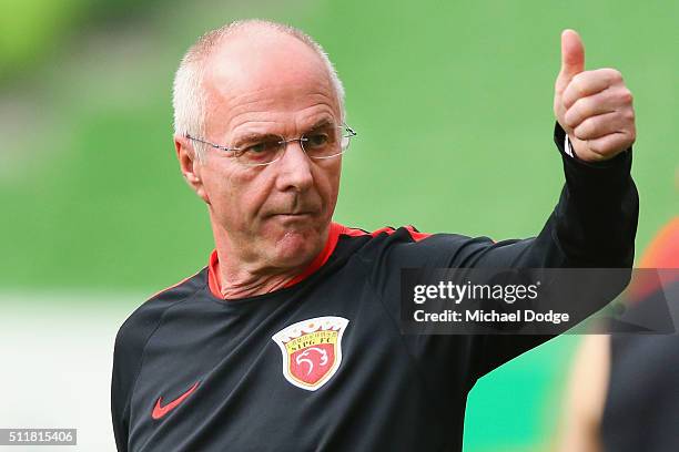 Head coach Sven Goran Eriksson gestures during the Shanghai SIPG training session at AAMI Park on February 23, 2016 in Melbourne, Australia.