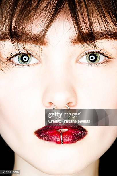 Model backstage at the Lantern Sense show during London Fashion Week Autumn/Winter 2016/17 at Fashion Scout on February 22, 2016 in London, England.