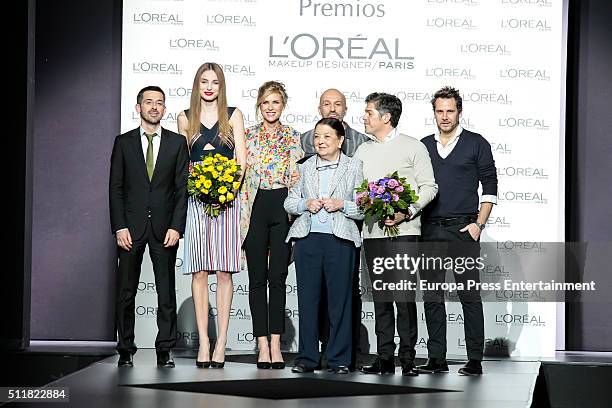 Model Paula Willems , designer Jorge Vazquez , Judit Masc and Cuca Solana attend the L'Oreal award during the Mercedes-Benz Madrid Fashion Week...