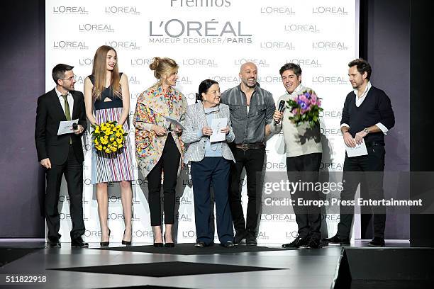 Model Paula Willems , designer Jorge Vazquez , Judit Masc and Cuca Solana attend the L'Oreal award during the Mercedes-Benz Madrid Fashion Week...