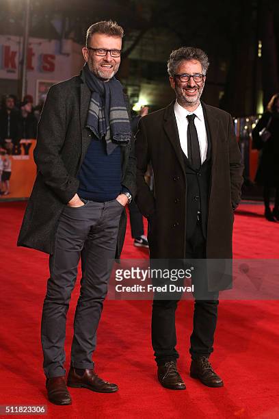 David Baddiel and Hugh Dennis attend the world premiere of "Grimsby" at Odeon Leicester Square on February 22, 2016 in London, England.