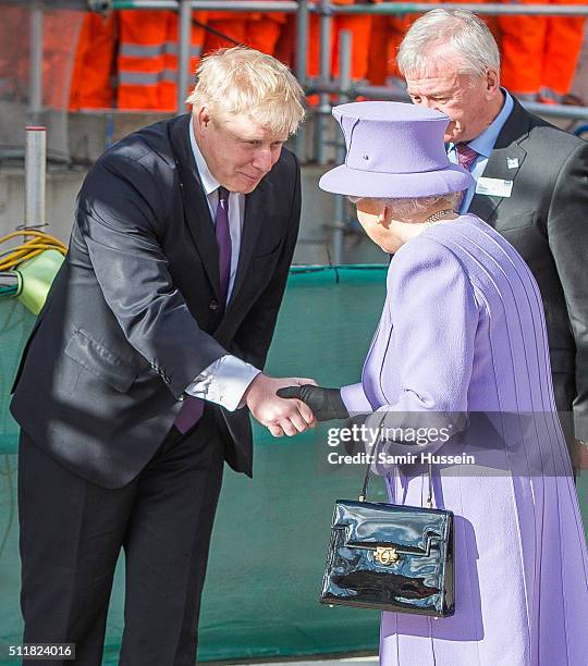 Queen Elizabeth II is greeted by Mayor of London Boris Johnson as she visits the Crossrail Station site at Bond Street Crossrail on February 23, 2016...