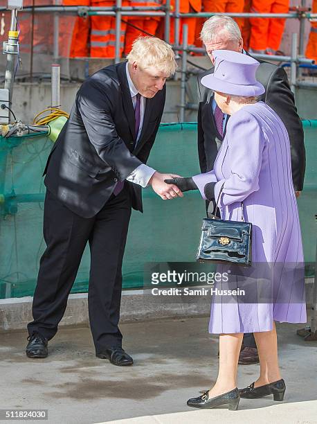 Queen Elizabeth II is greeted by Mayor of London Boris Johnson as she visits the Crossrail Station site at Bond Street Crossrail on February 23, 2016...