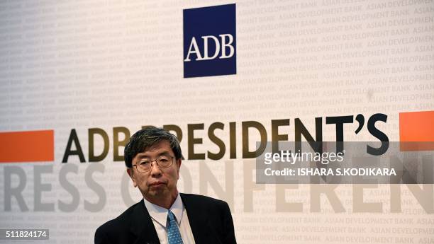 Asian Development Bank president Takehiko Nakao arrives ahead of a press conference in the Sri Lankan capital Colombo on February 23, 2016. The Asian...