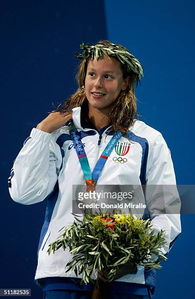 Silver medalist Frederica Pellegrini of Italy celebrates on the podium during the medal ceremony of the women's swimming 200 metre freestyle event on...