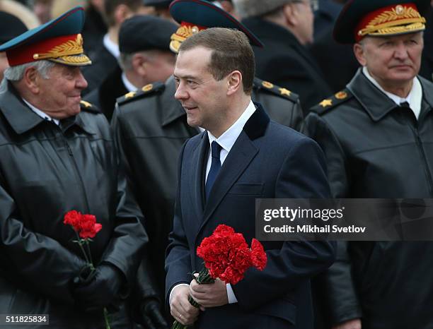 Russian Prime Minister Dmitry Medvedev attends a wreath laying ceremony at the Unknown Soldier Tomb in front of the Kremlin on February 23, 2016 in...