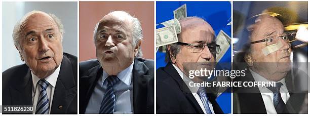 This combo made on February 23, 2016 shows four files pictures of suspended FIFA President Sepp Blatter answering during an interview on May 15, 2015...