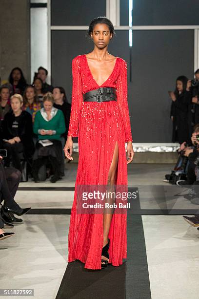 Model walks the runway at the Amanda Wakeley show during London Fashion Week Autumn/Winter 2016/17 at 2 Pancras Square on February 23, 2016 in...