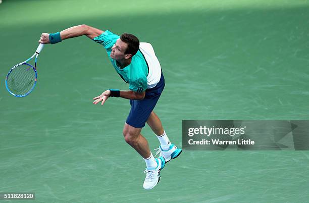 Tomas Berdych of Czech Republic in action against Joao Sousa of Portugal during day four of the ATP Dubai Duty Free Tennis Championship at the Dubai...