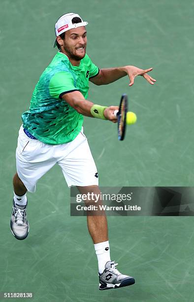 Joao Sousa of Portugal in action against Tomas Berdych of Czech Republic during day four of the ATP Dubai Duty Free Tennis Championship at the Dubai...