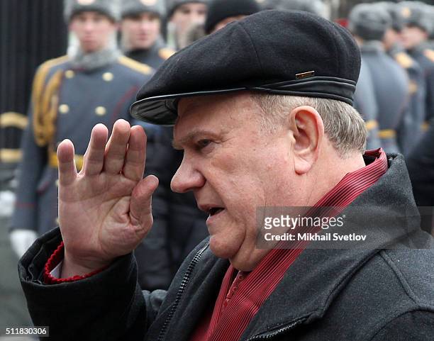 Russian Communist Party Leader Gennady Zyuganov attends a wreath laying ceremony at the Unknown Soldier Tomb in front of the Kremlin on February 23,...