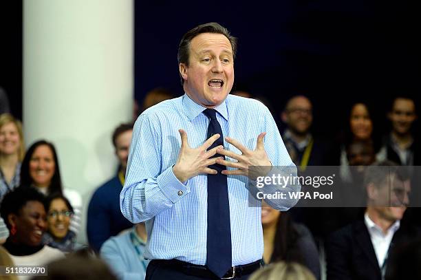 British Prime Minister David Cameron delivers a speech on the European Union to workers and guests at the headquarters of O2 on February 23, 2016 in...