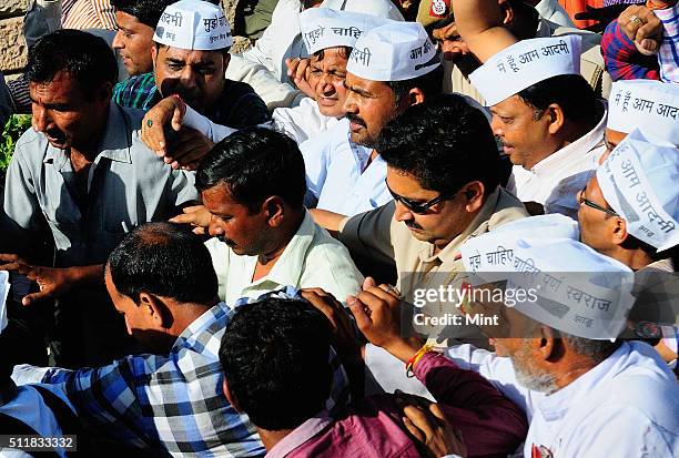 Arvind Kejriwal, Chief of AAP Party, arrives at Rajghat after being slapped by an auto driver during campaigning for general elections 2014 on April...