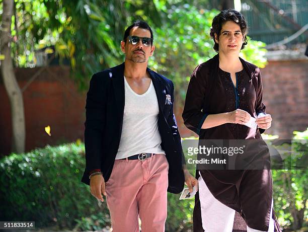 Robert Vadra with his wife Priyanka Gandhi going to cast the vote for general election of the 16th Lok Sabha 2014 on April 10, 2014 in New Delhi,...
