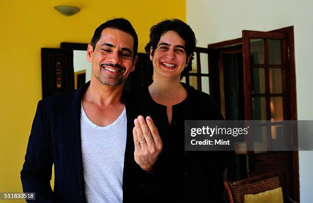 Robert Vadra with his wife Priyanka Gandhi showing vote marks on his finger after casting votes for general election of the 16th Lok Sabha 2014 on...