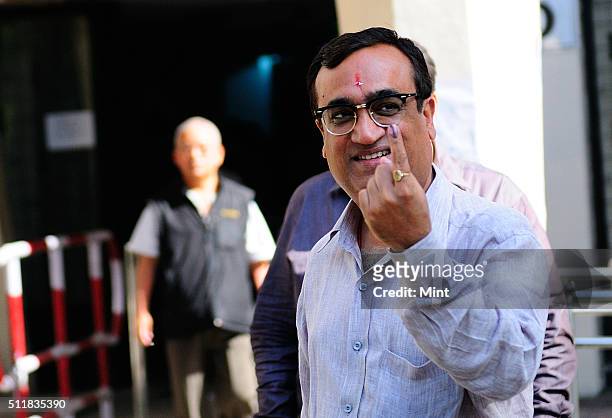 Congress leader Ajay Maken showing the mark after voting for general election of the 16th Lok Sabha 2014 at Delhi on April 10, 2014 in New Delhi,...