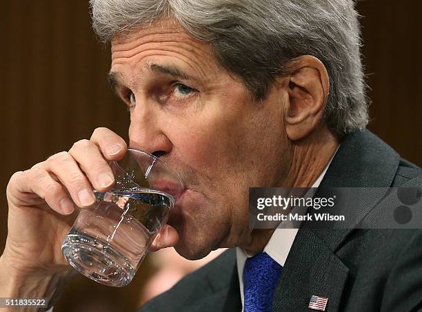 Secretary of State John Kerry listens to comments during a Senate Foreign Relations Committee hearing, on Capitol Hill February 23, 2016 in...