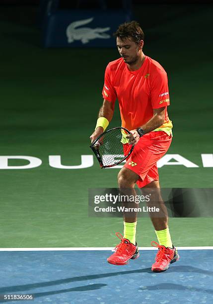 Stan Wawrinka of Switzerland breaks his racket in his match against Sergiy Stakhovsky of Ukraine during day four of the ATP Dubai Duty Free Tennis...