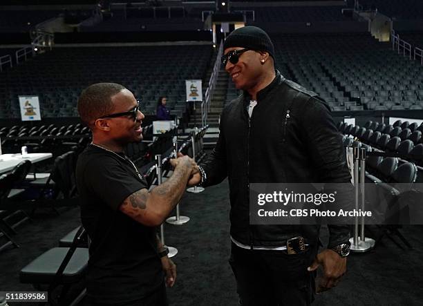 Social Media Ambassador, Shad Moss, and Host, LL Cool J, during rehearsal for The 58TH ANNUAL GRAMMY AWARDS, to be held on Monday, Feb. 15, 2016 at...